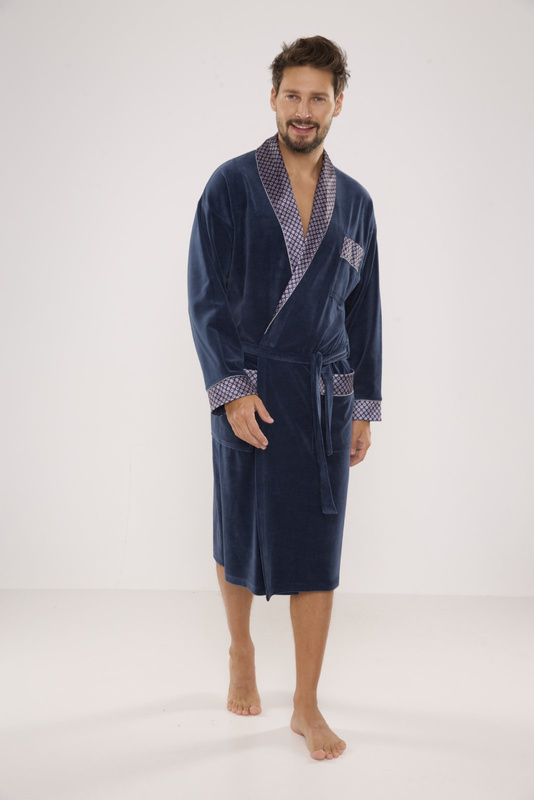 Bawełniany długi szlafrok męski Noble De Lafense z satynowym obłożeniem - 868 jeansowy